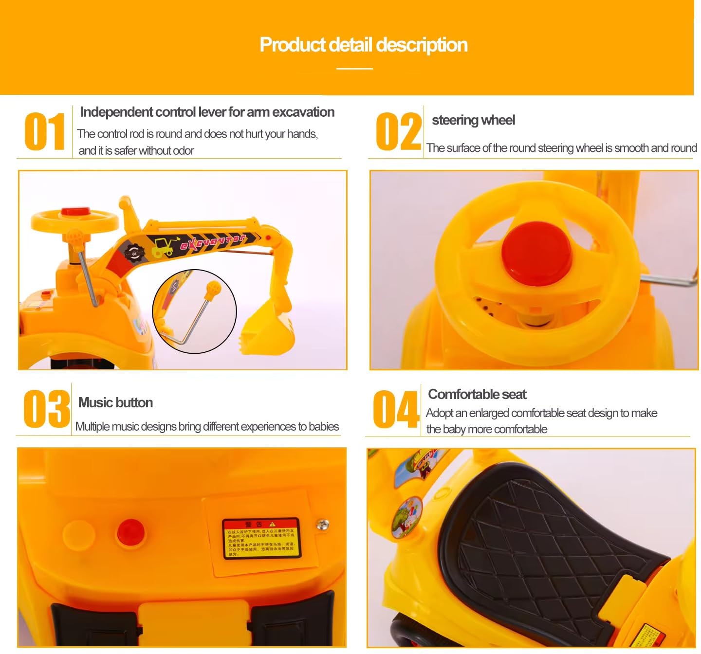 Kids Ride-On JCB Crane Push Car with Movable Digger, Music & Steering for Toddlers